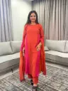 Rust Orange & Rani Pink Colorblocked Banarasi Mull Chanderi 3-Piece Suit Set