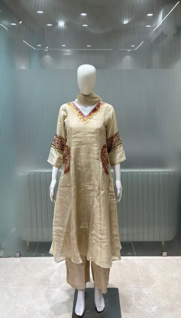 Beige Gold Hand-Worked Pure Premium Russian Silk 3-Piece Suit Set