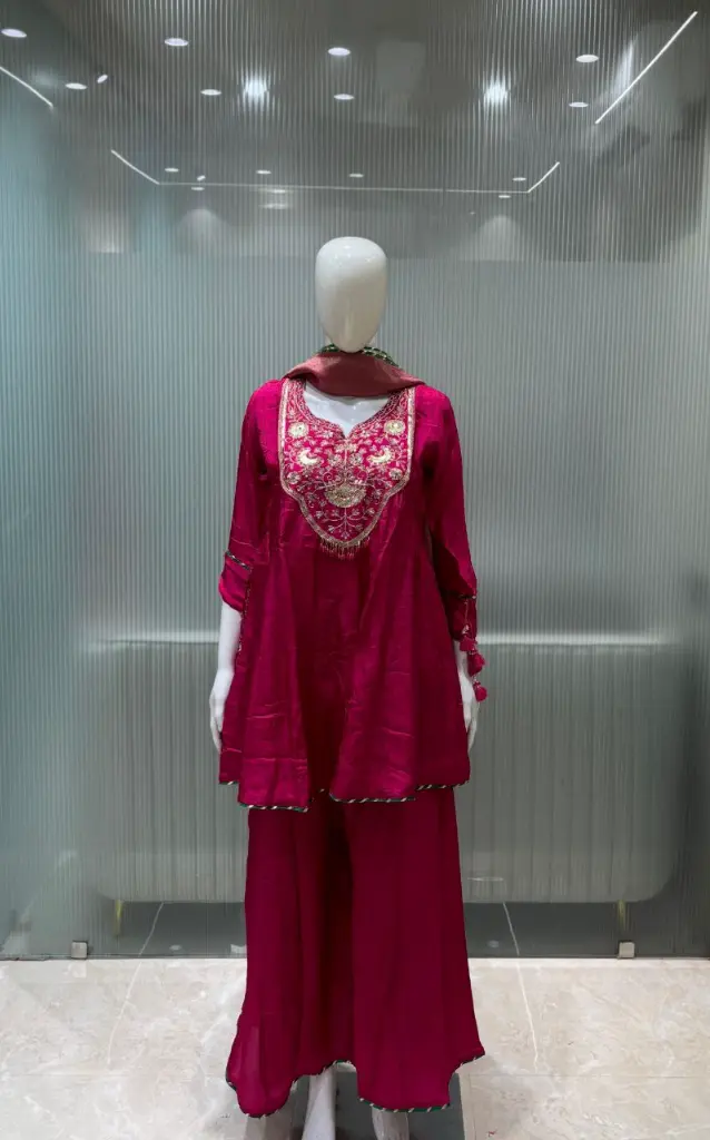Deep Pink Hand-Worked Yoke Flared Short Tunic Russian Silk Co-ord Set