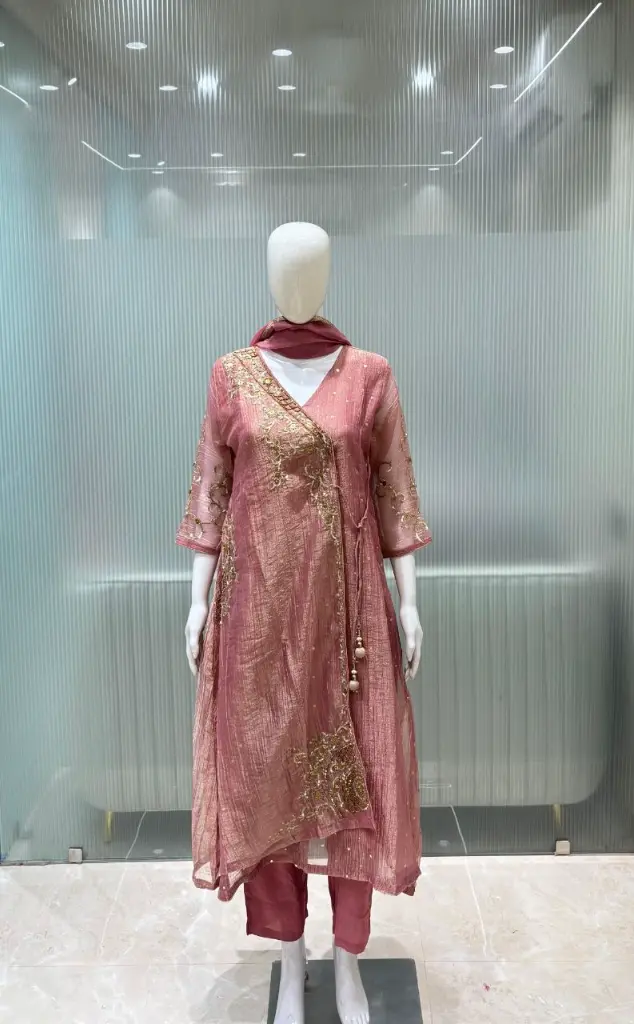 Dusty Pink Zardozi Hand-Worked Glass Tissue Angrakha Palazzo Set