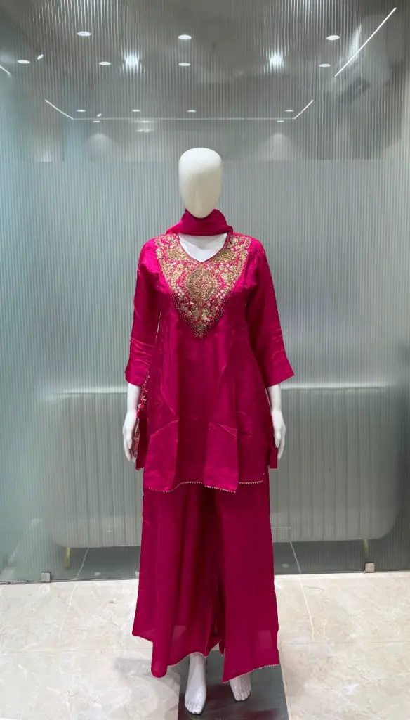 Rani Pink Heavy Hand-worked Pure Premium Russian Silk Co-ord Set