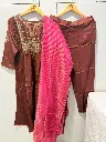 Brown Zardozi & Pink Contrast Dupatta Russian Silk Palazzo Set