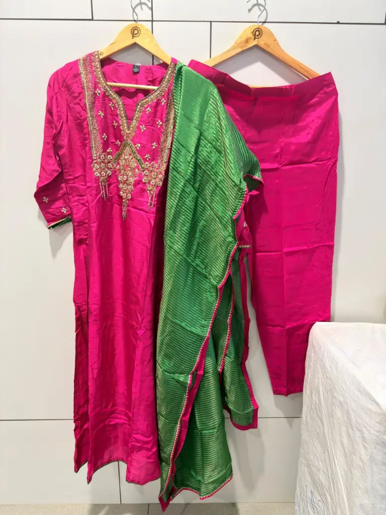 Rani Pink Hand-Worked Pure Premium Russian Silk 3-Piece Suit Set