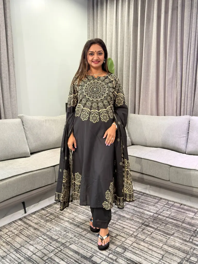 Jet Black Gold Mandala Printed Pure Cotton 3-Piece Suit Set