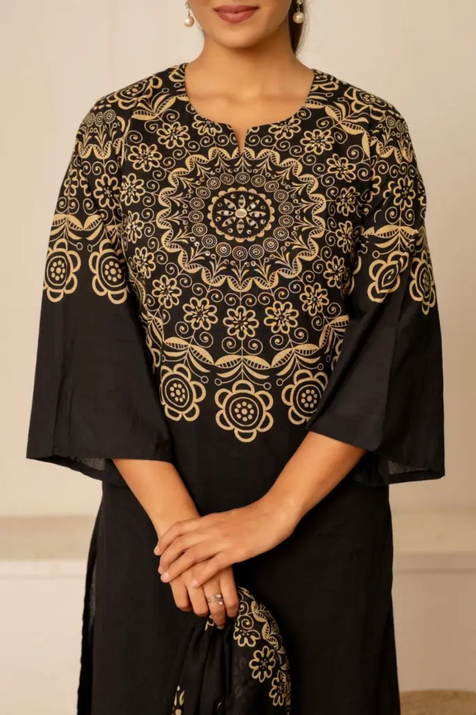 Jet Black Gold Mandala Printed Pure Cotton 3-Piece Suit Set