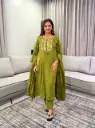 Olive Green Paisley Hand-Embroidered Pure Mull Cotton 3-Piece Suit Set