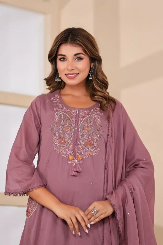 Dusty Mauve Paisley Hand-Embroidered Pure Mull Cotton 3-Piece Suit Set