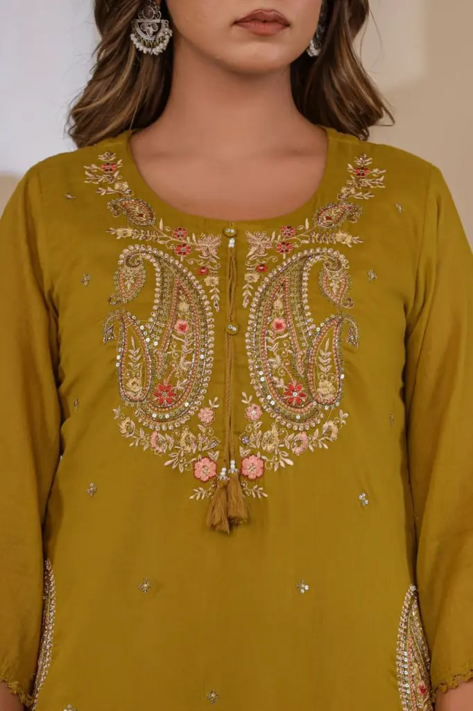 Mustard Yellow Paisley Hand-Embroidered Pure Mull Cotton 3-Piece Suit Set