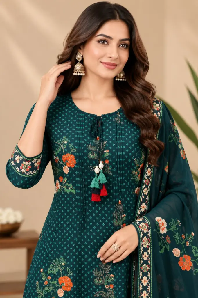 Teal Green Floral Printed Pure Cotton 3-Piece Suit Set