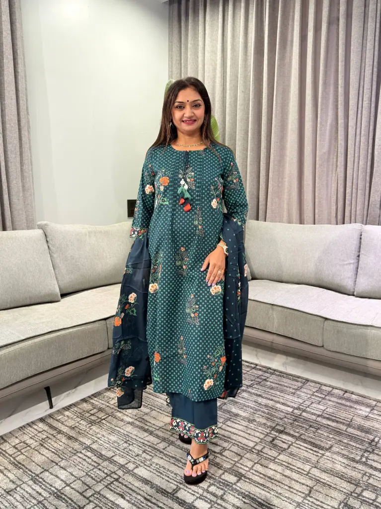 Teal Green Floral Printed Pure Cotton 3-Piece Suit Set