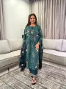 Teal Green Floral Printed Pure Cotton 3-Piece Suit Set