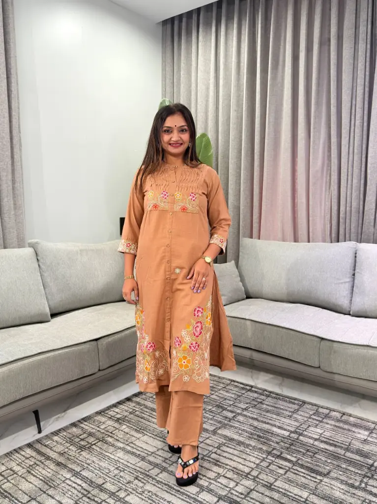 Beige-Tan Floral Embroidered Soft Flex Cotton 2-Piece Kurta Set
