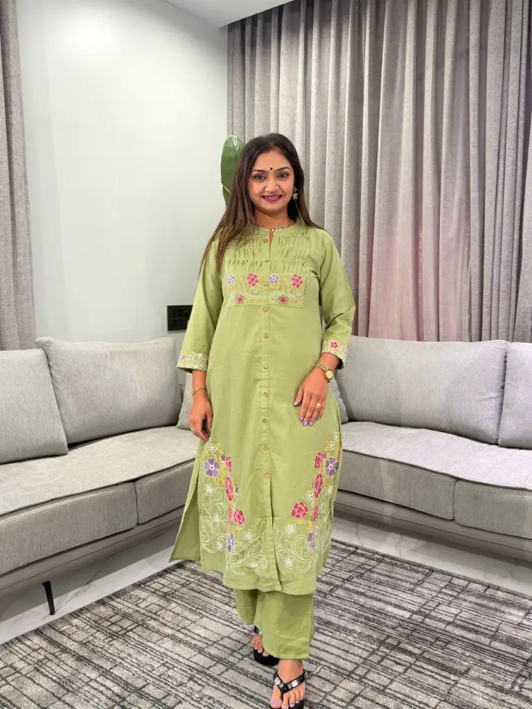 Olive Green Floral Embroidered Soft Flex Cotton 2-Piece Kurta Set