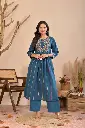 Teal Blue Geometric Embroidered Soft Flex Cotton Kurta Set