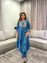 Teal Blue Geometric Embroidered Soft Flex Cotton Kurta Set