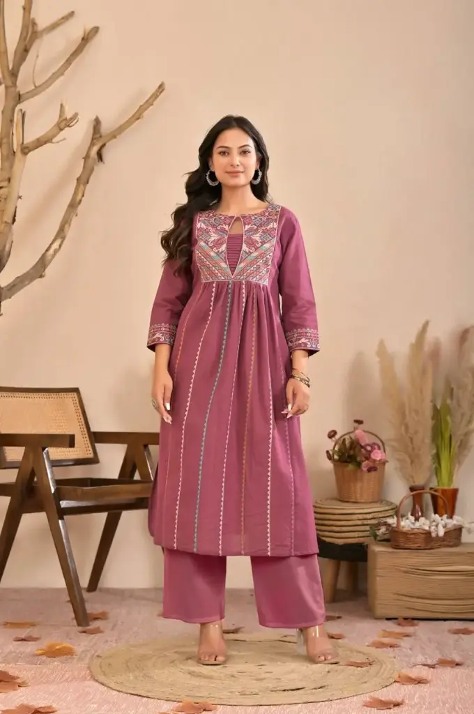 Mauve Purple Geometric Embroidered Soft Flex Cotton Kurta Set