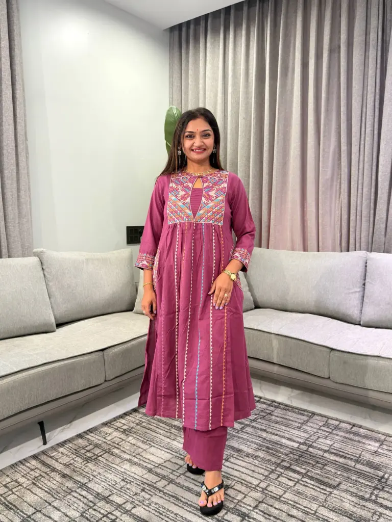 Mauve Purple Geometric Embroidered Soft Flex Cotton Kurta Set