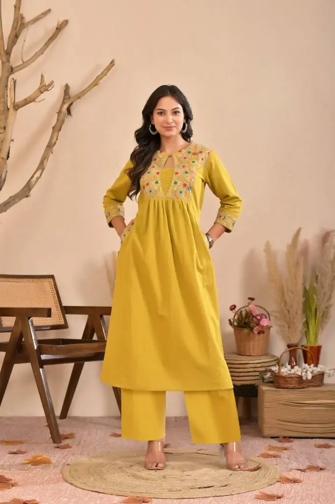 Mustard Yellow Floral Embroidered Soft Flex Cotton Kurta Set