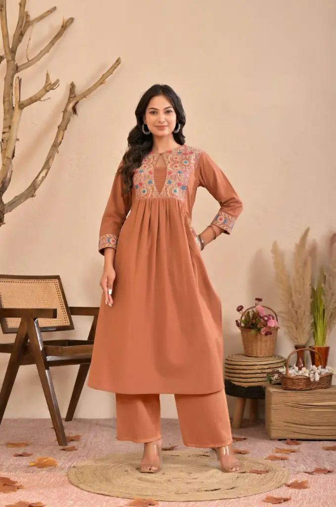 Terracotta Brown Floral Embroidered Soft Flex Cotton Kurta Set
