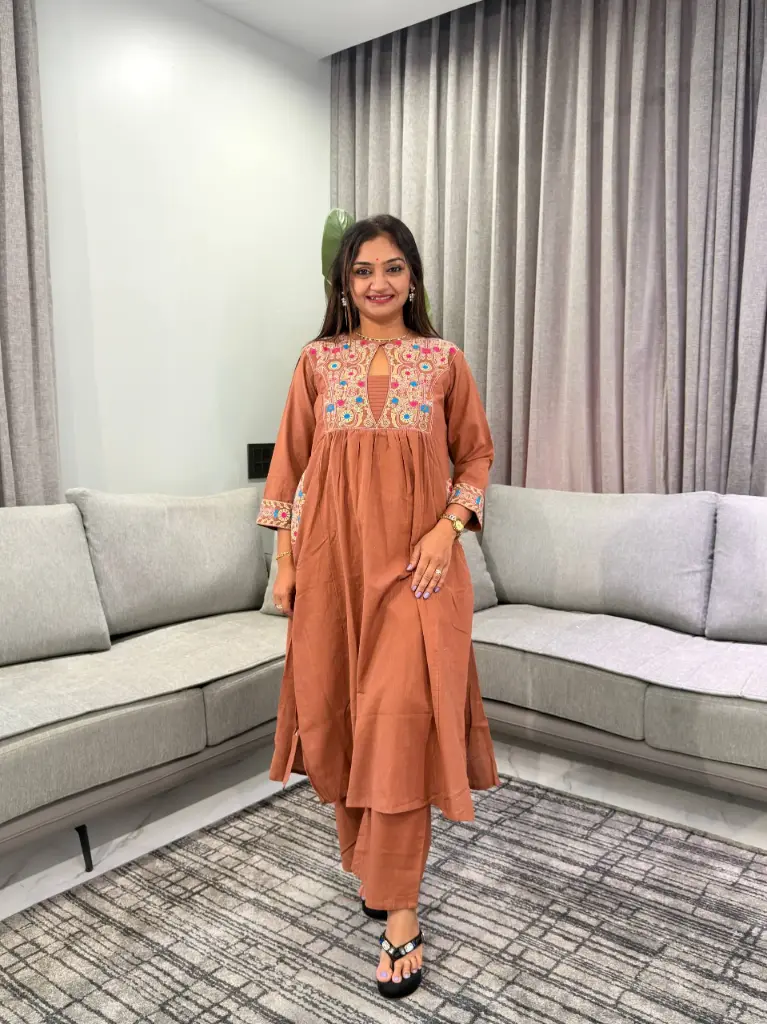 Terracotta Brown Floral Embroidered Soft Flex Cotton Kurta Set