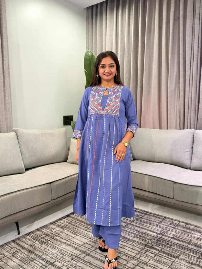 Periwinkle Blue Geometric Embroidered Soft Flex Cotton Kurta Set