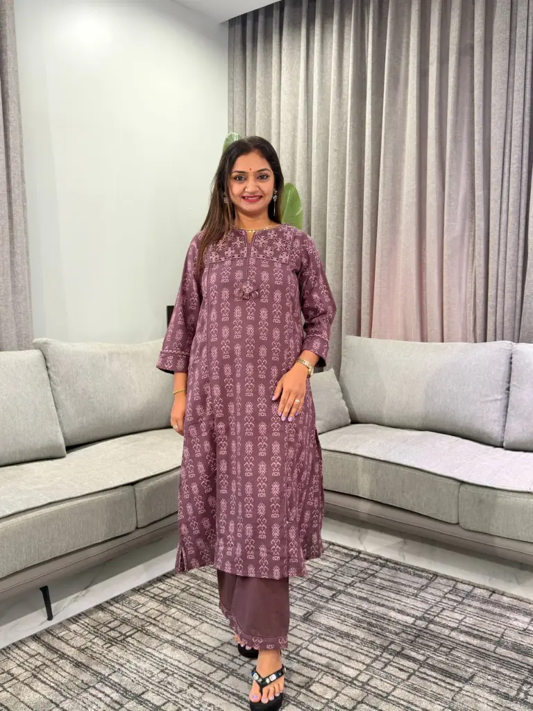 Eggplant Purple Printed Soft Flex Cotton Kurta Set