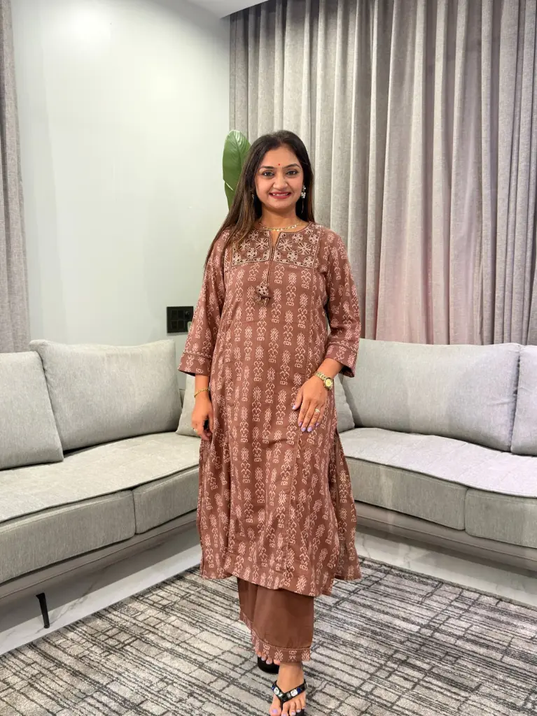 Chocolate Brown Printed Soft Flex Cotton Kurta Set