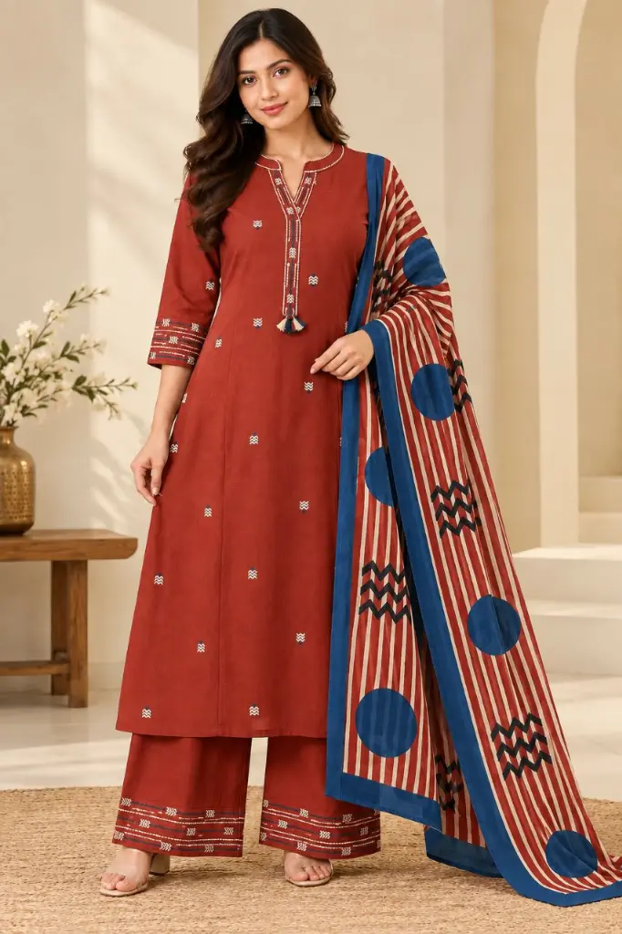 Rust Red Embroidered Pure Cotton 3-Piece Kurta Set