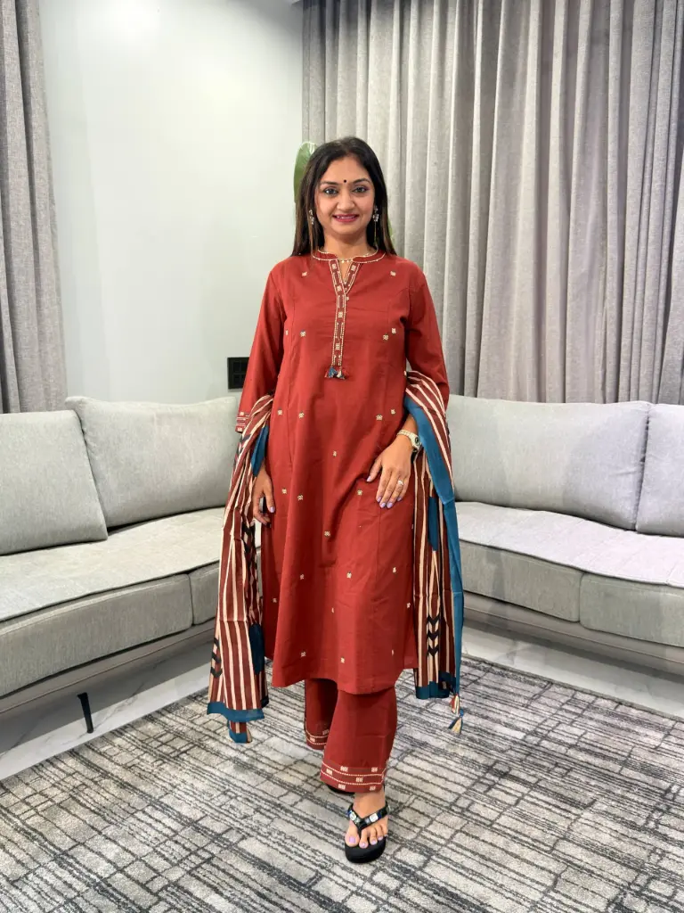 Rust Red Embroidered Pure Cotton 3-Piece Kurta Set