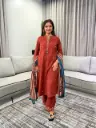 Rust Red Embroidered Pure Cotton 3-Piece Kurta Set