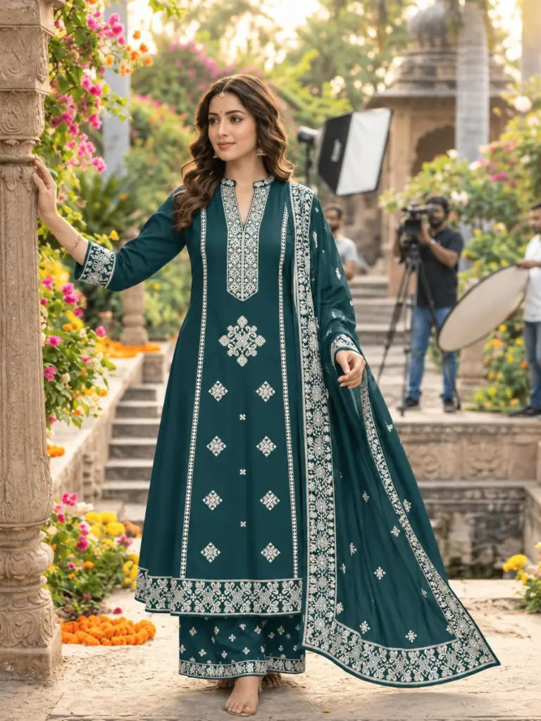Teal Blue Heavy Embroidered Pure Cotton 3-Piece Anarkali Kurta Set