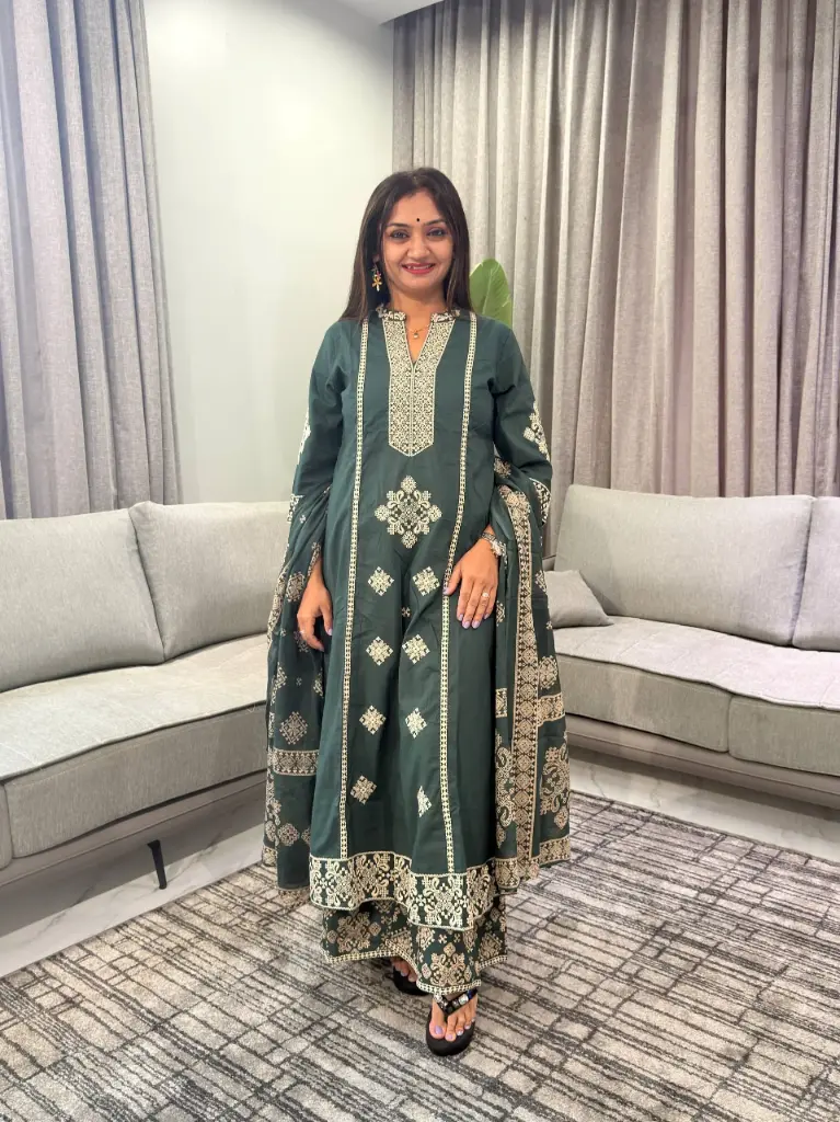 Teal Blue Heavy Embroidered Pure Cotton 3-Piece Anarkali Kurta Set