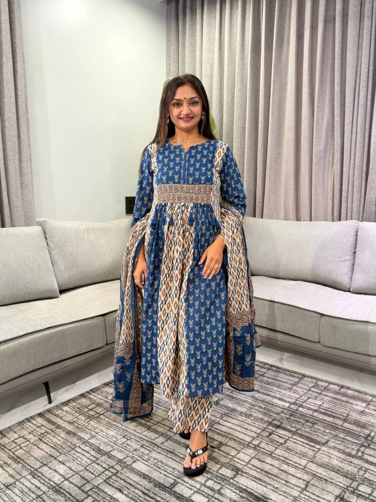 Indigo Blue Ikat Printed Pure Cotton 3-Piece Kurta Set