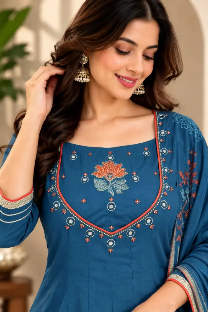 Peacock Blue Floral Embroidered Pure Cotton 3-Piece Anarkali Set