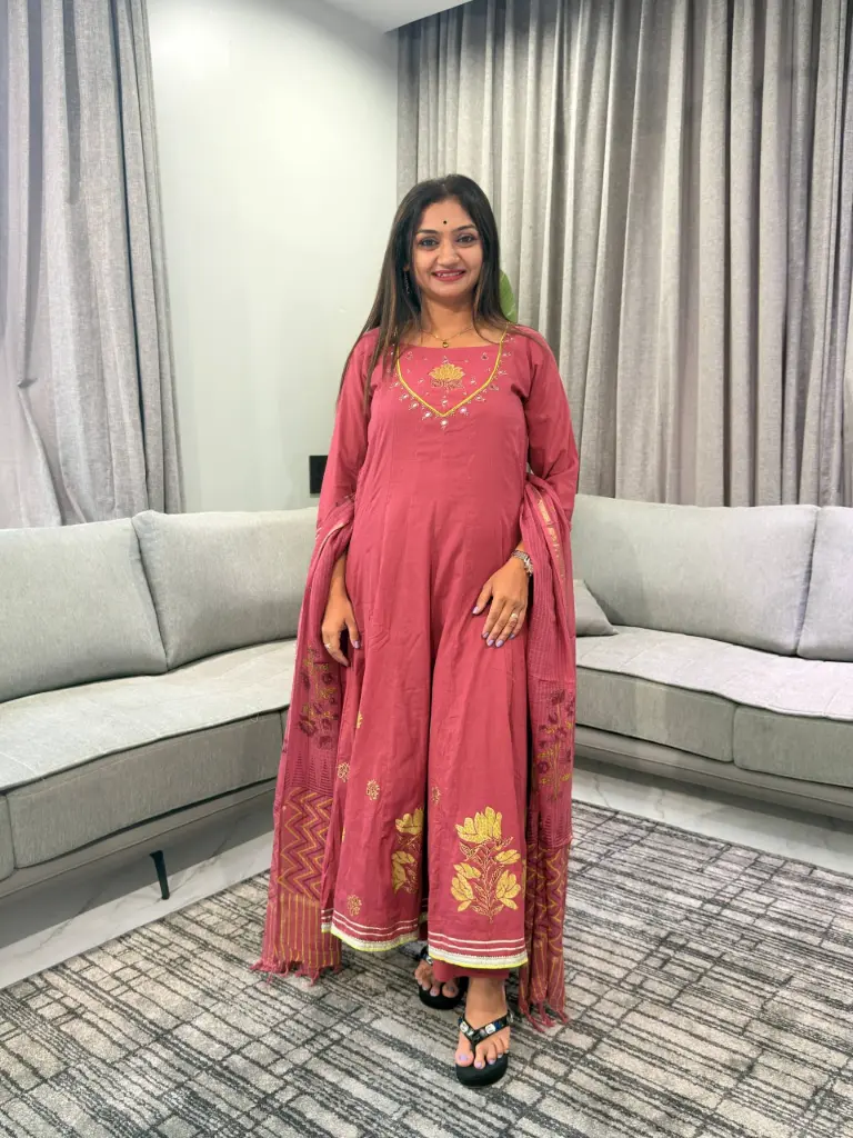 Dusty Pink Lotus Embroidered Flared Cotton Kurta, Palazzo & Dupatta Set