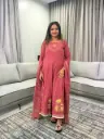 Dusty Pink Lotus Embroidered Flared Cotton Kurta, Palazzo & Dupatta Set