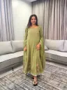 Olive Green Floral Embroidered Pure Cotton 3-Piece Anarkali Set