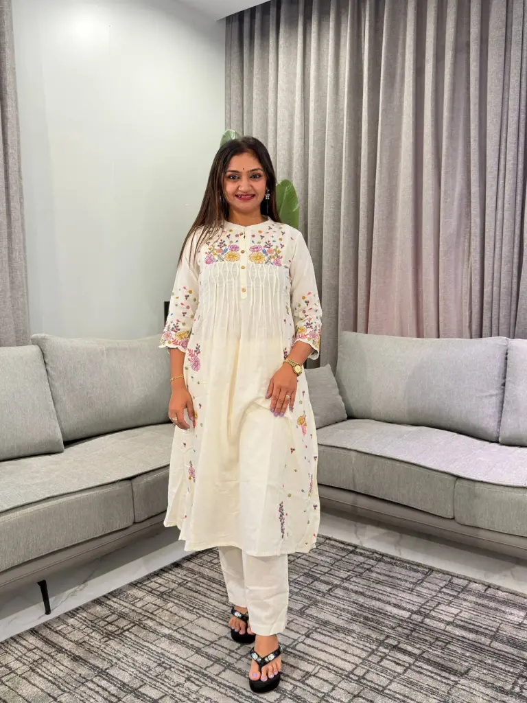 Off-White Floral Embroidered Soft Flex Cotton Kurta Set