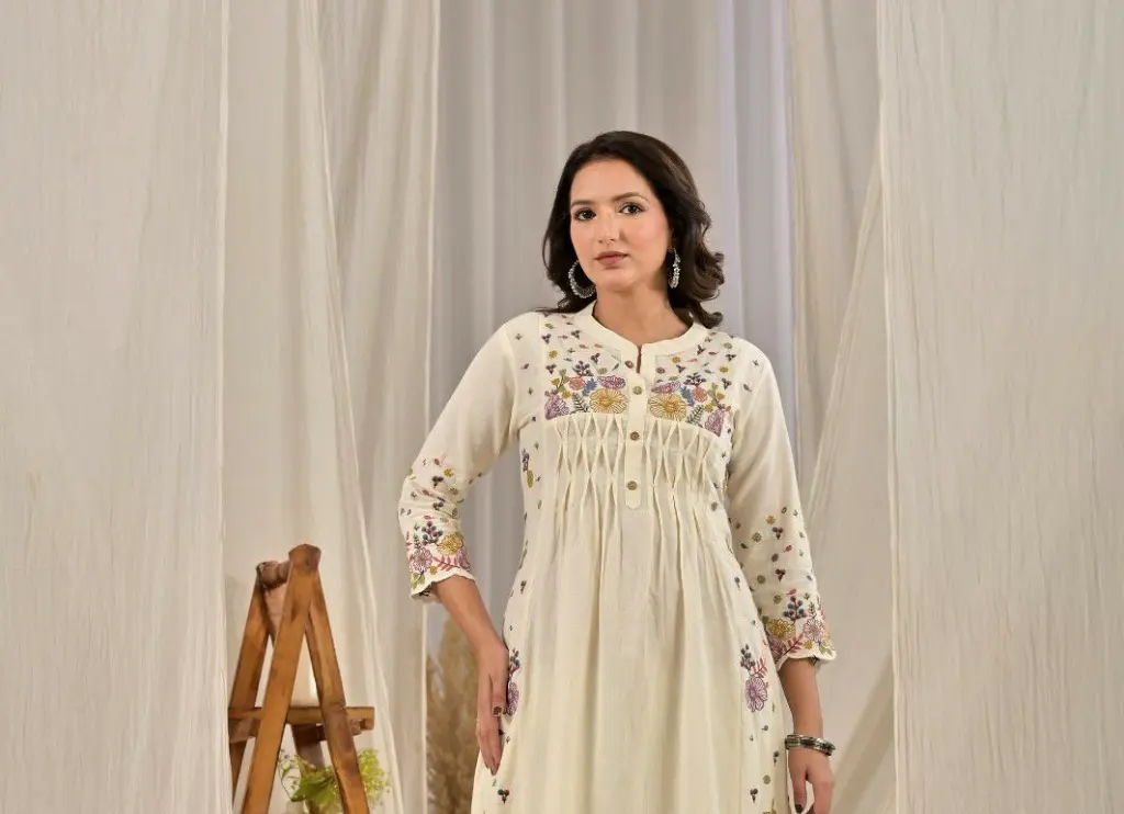 Off-White Floral Embroidered Soft Flex Cotton Kurta Set