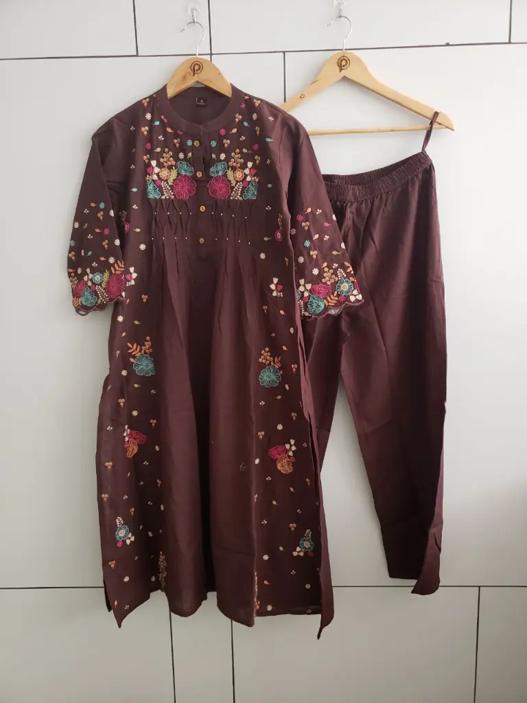 Chocolate Brown Floral Embroidered Soft Flex Cotton Kurta Set