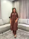 Chocolate Brown Floral Embroidered Soft Flex Cotton Kurta Set