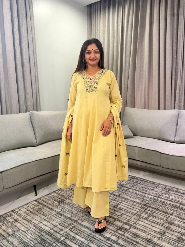 Floral Embroidered Pastel Yellow Pure Cotton Anarkali Set