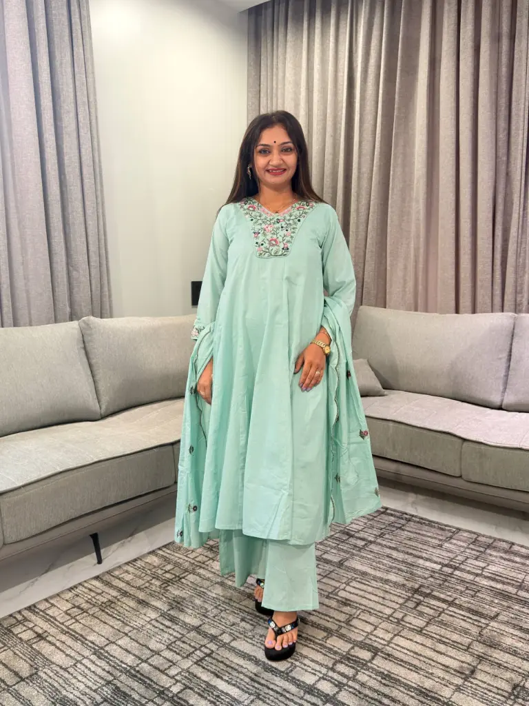 Mint Bloom Floral Embroidered Pure Cotton 3-Piece Kurta Set