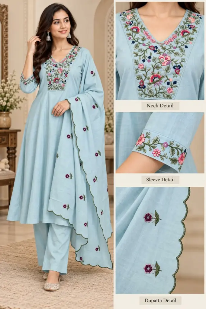 Powder Blue Floral Embroidered Pure Cotton 3-Piece Anarkali Set
