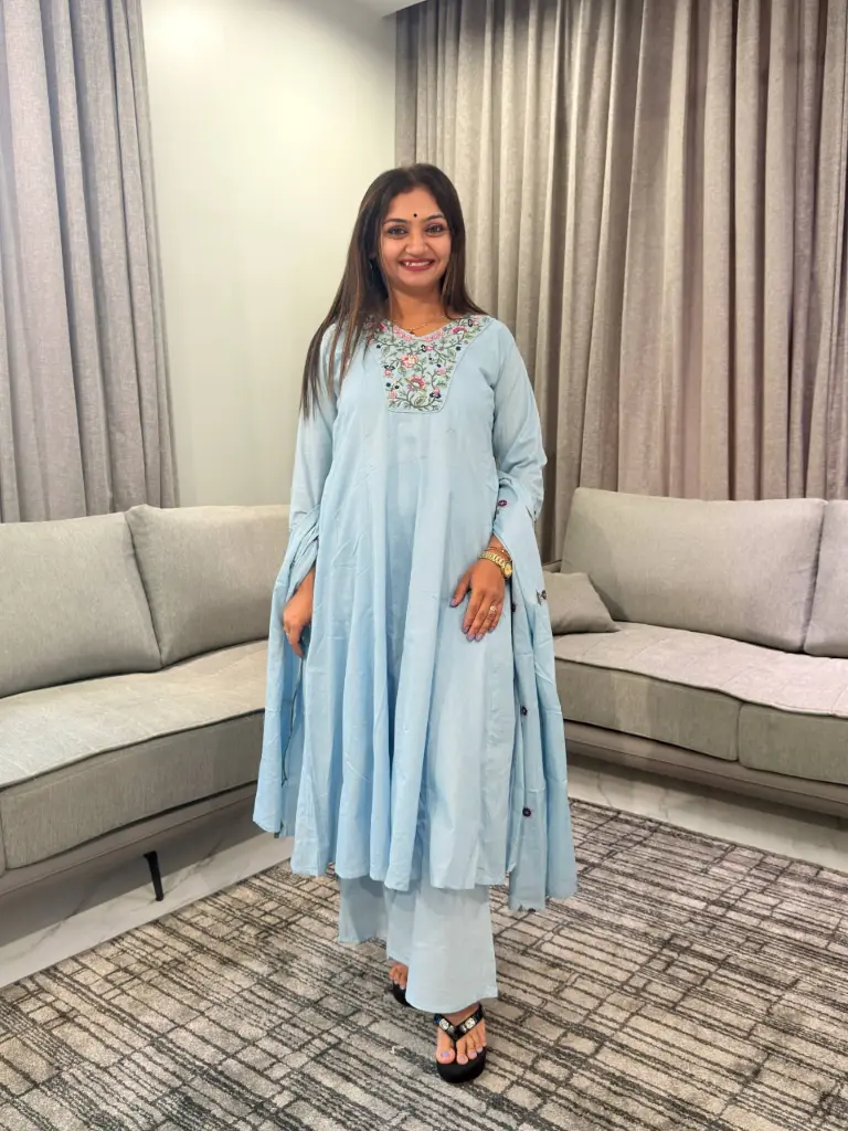 Powder Blue Floral Embroidered Pure Cotton 3-Piece Anarkali Set