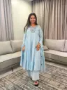 Powder Blue Floral Embroidered Pure Cotton 3-Piece Anarkali Set
