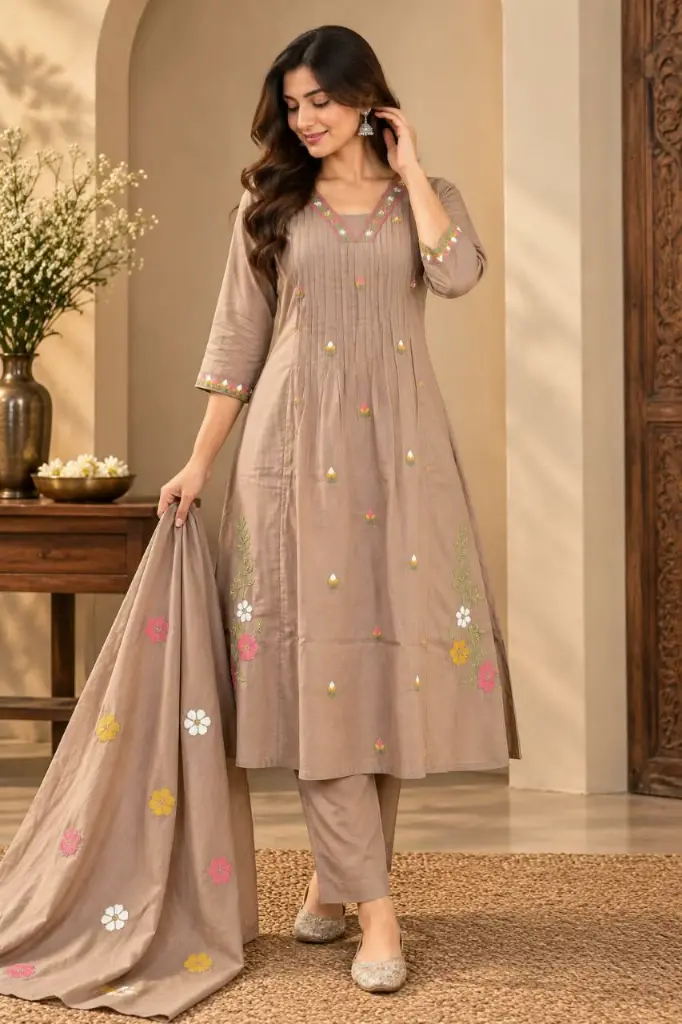 Beige Floral Embroidered Pure Cotton 3-Piece Anarkali Set