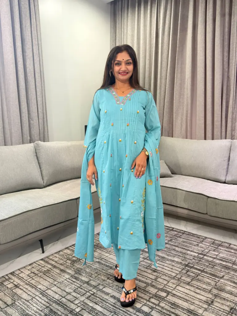 Sky Blue Floral Embroidered Pure Cotton 3-Piece Anarkali Set
