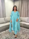 Sky Blue Floral Embroidered Pure Cotton 3-Piece Anarkali Set