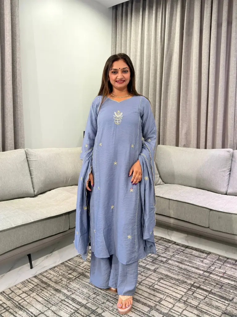 Slate Blue Hand-Embroidered Surat Mull Chanderi 3-Piece Set